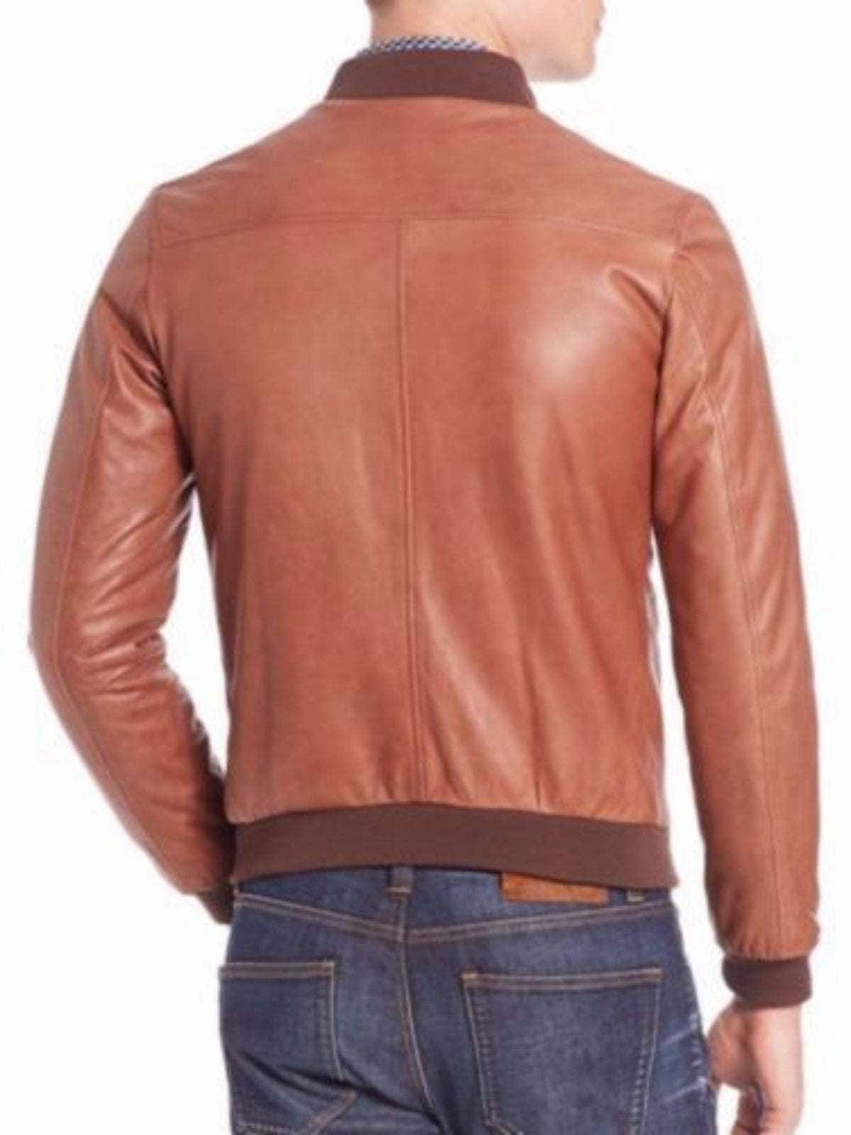 Men's Brown Leather Ribbed Bomber Jacket MZ12