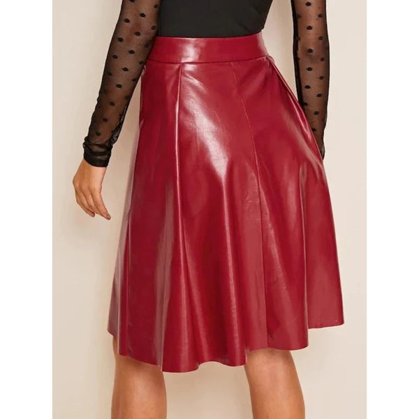 Women’s Lambskin Red Leather Knee Length Bell Skirt WS40