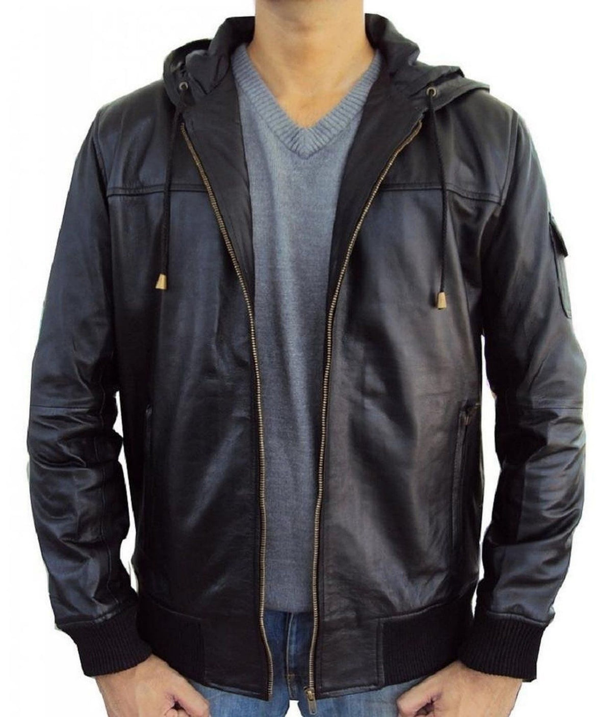 Men's Black Leather Hooded Jacket MJ041