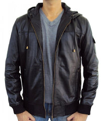 Men's Black Leather Hooded Jacket MJ041