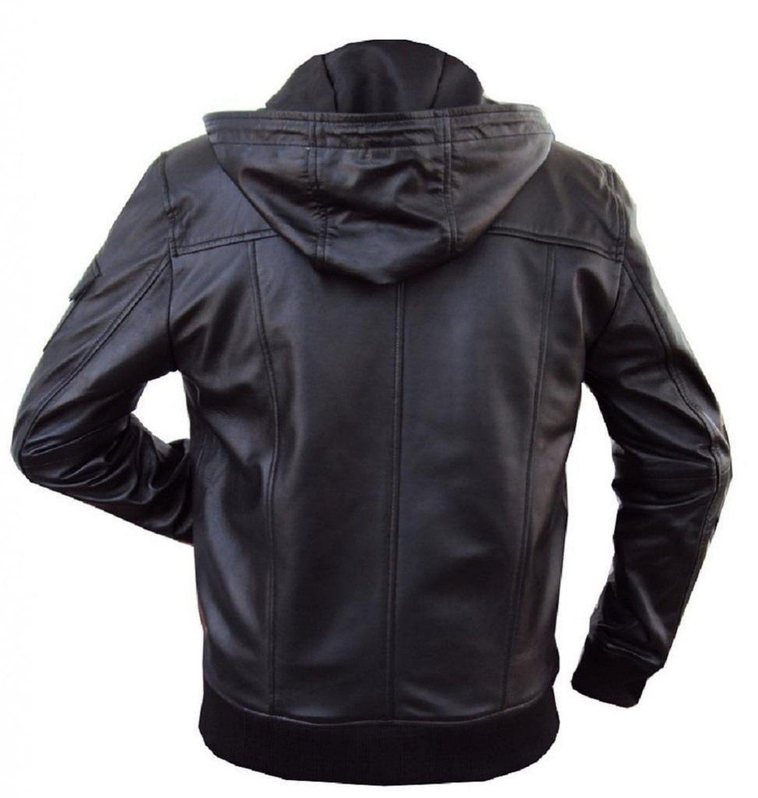 Men's Black Leather Hooded Jacket MJ041