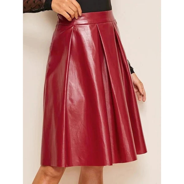 Women’s Lambskin Red Leather Knee Length Bell Skirt WS40