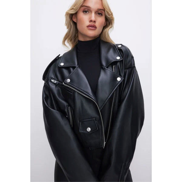 Women's Oversized Black Lambskin Leather Biker Jacket WJ078