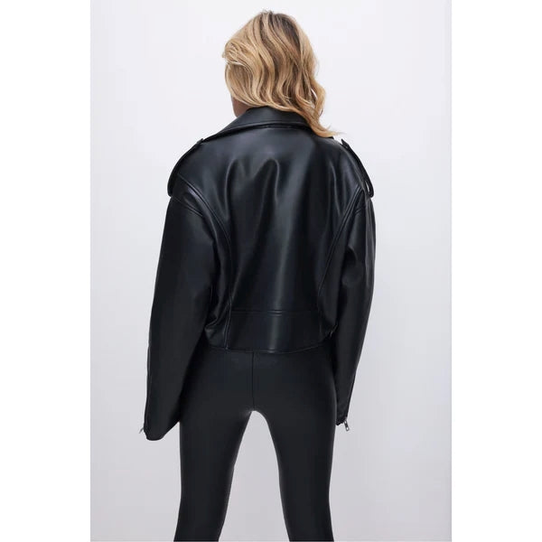 Women's Oversized Black Lambskin Leather Biker Jacket WJ078