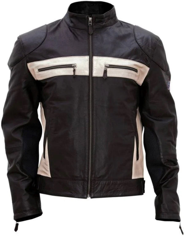 Men's Motorcycle Lambskin Leather Jacket with White Stripes MJ055