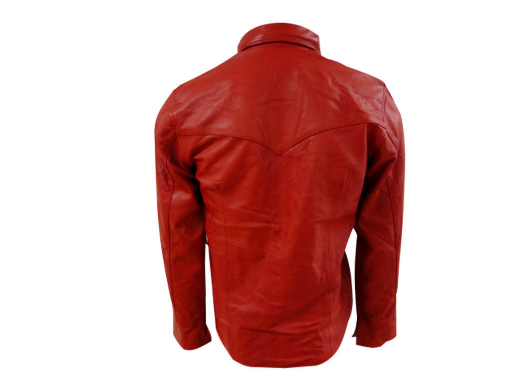 Men's Red Leather Slim Fit Shirt with Snap Button Accents MS03