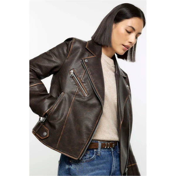 Women’s Lambskin Rub Off Dark Brown Leather Jacket WJ073