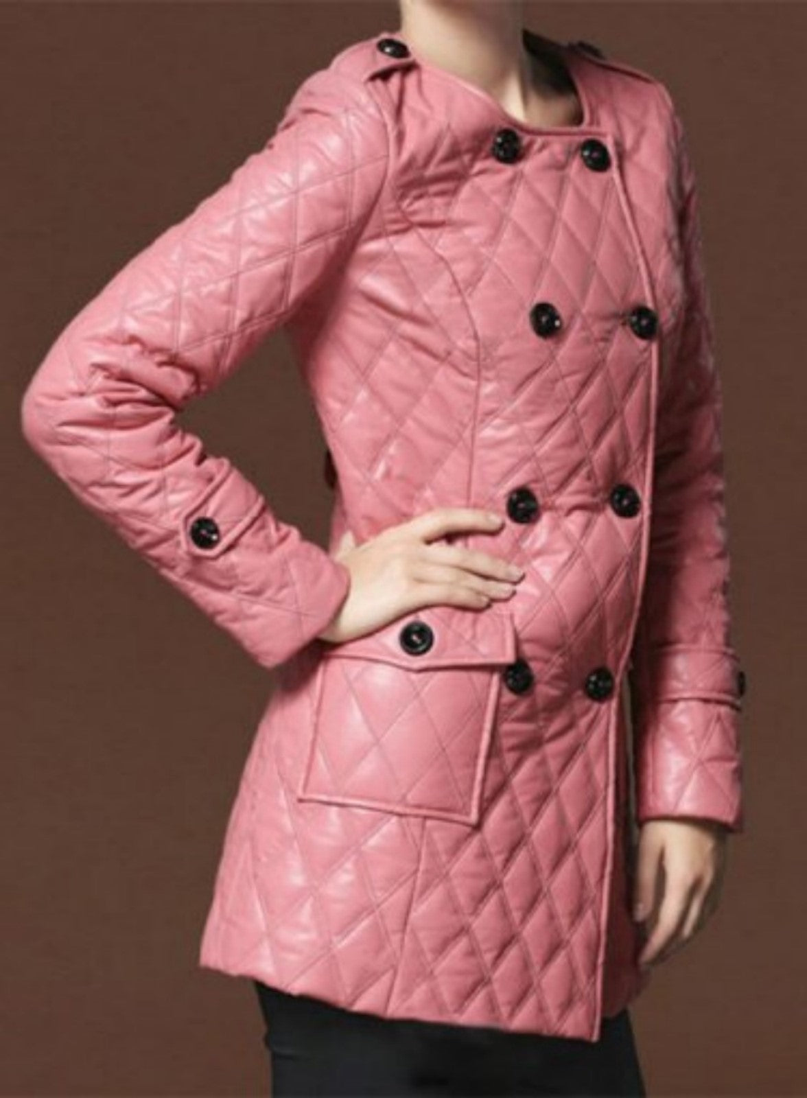 Women's Pink Quilted Leather Trench Coat TC24