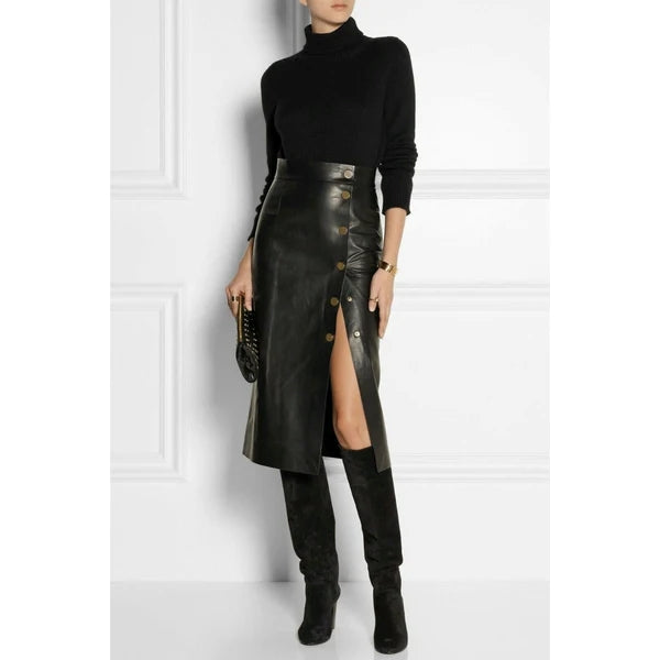 Elegant High Waist Lambskin Leather Midi Skirt WS41