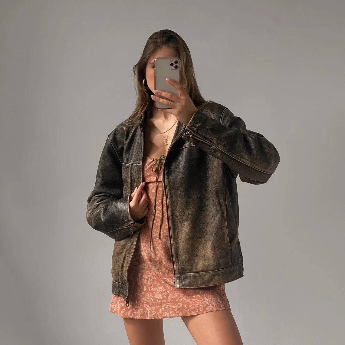 Women's Vintage Oversized Distressed Brown Leather Jacket WD07