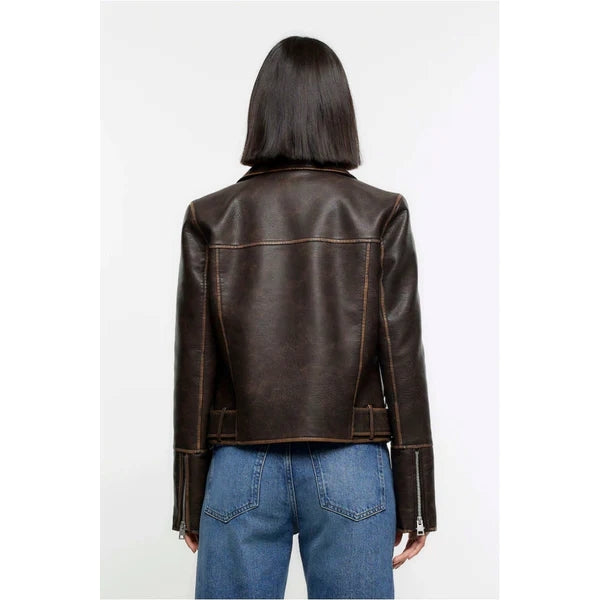 Women’s Lambskin Rub Off Dark Brown Leather Jacket WJ073