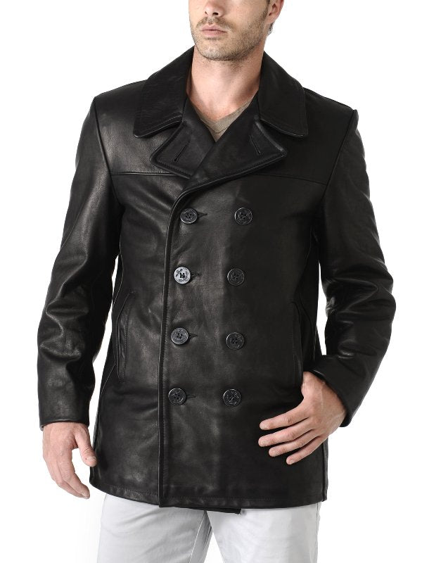 Men's Black Leather FOUR BUTTON Double Breasted Blazer TB023