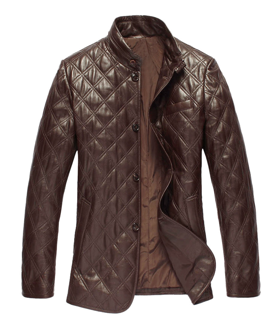 Men's Quilted Four Button Brown Leather Blazer TB025