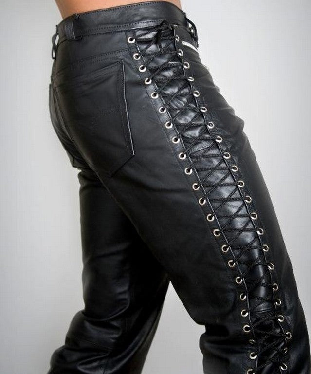 Men's Black Genuine Leather Laced Pants MP09