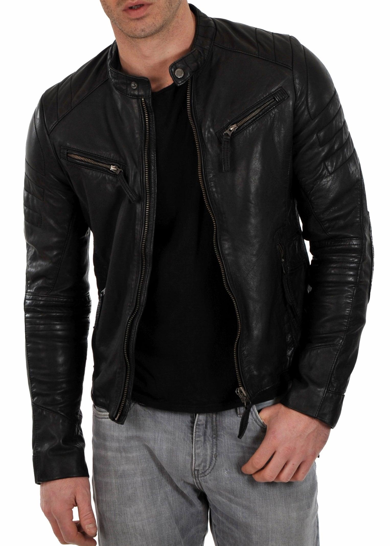 Men's Motorcycle Leather Jacket Black MJ018 - Travel Hide