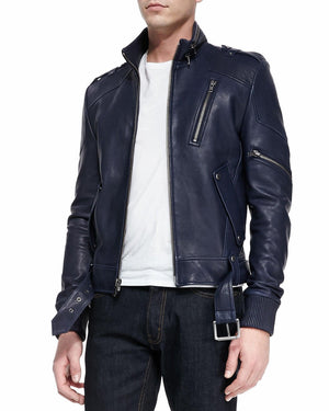 Men's Motorcycle Leather Jacket Navy Blue MJ010 - Travel Hide
