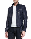 Men's Motorcycle Leather Jacket Navy Blue MJ010