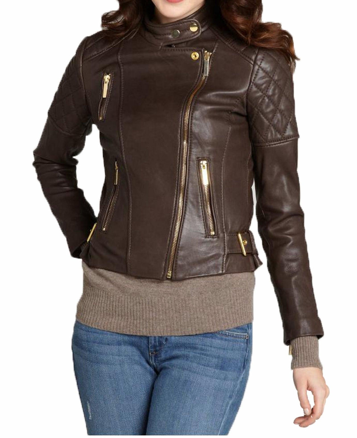 Women's Genuine Leather Motorcycle Jacket Brown WJ003 - Travel Hide