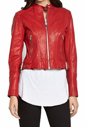 Women's Genuine Leather Motorcycle Jacket Red WJ014 - Travel Hide