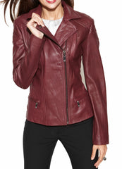 Women's Genuine Leather Motorcycle Jacket Burgundy WJ013 - Travel Hide