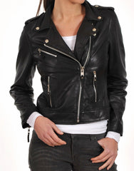 Women's Genuine Leather Motorcycle Jacket Black WJ004 - Travel Hide