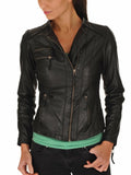 Women's Genuine Leather Motorcycle Jacket Black WJ017