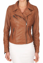 Women's Genuine Leather Motorcycle Jacket Tan WJ007 - Travel Hide