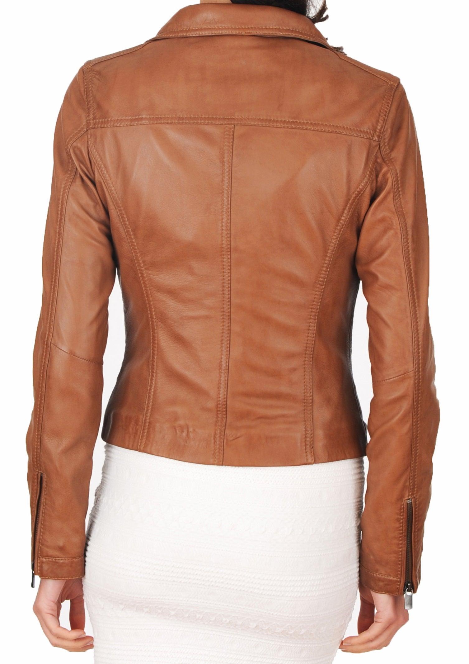 Women's Genuine Leather Motorcycle Jacket Tan WJ007 - Travel Hide