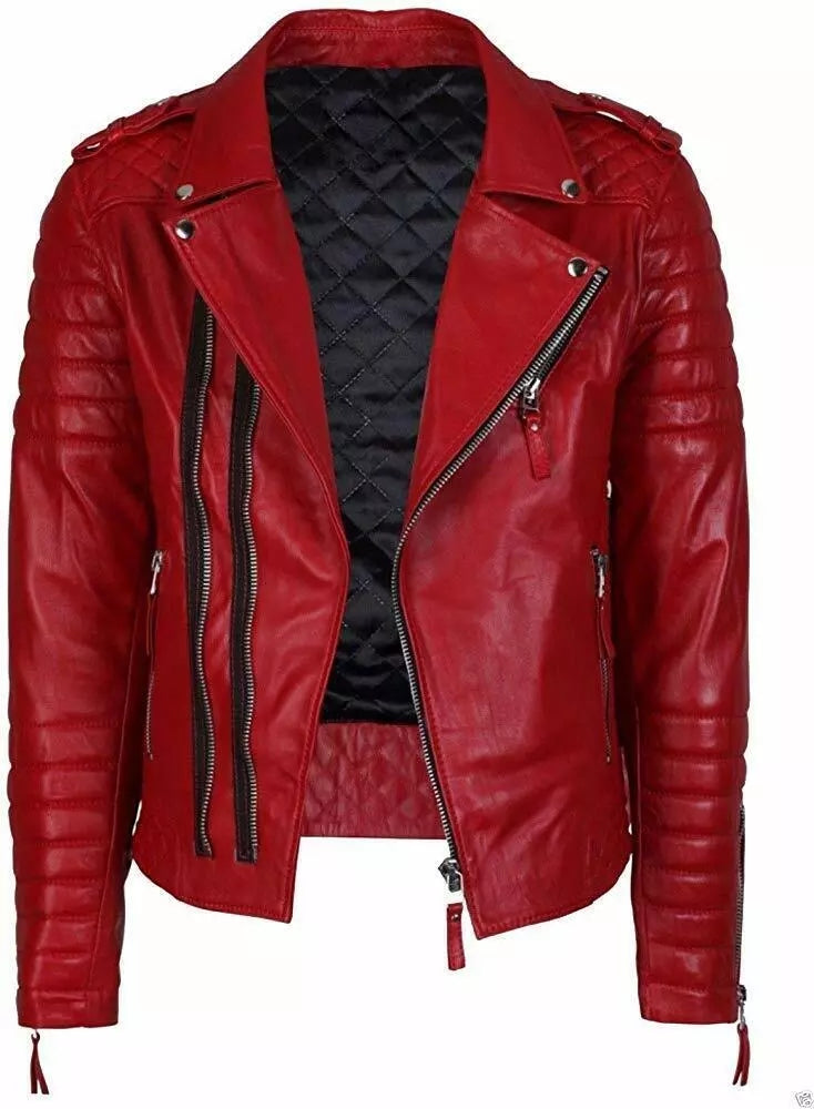 Men's Slim Fit Quilted Leather Motorcycle Jacket MJ050