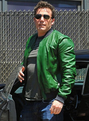 Ben Affleck Inspired Green Leather Bomber Jacket