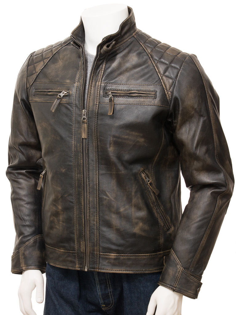 Men's Distressed Black Leather Motorcycle Jacket MG05