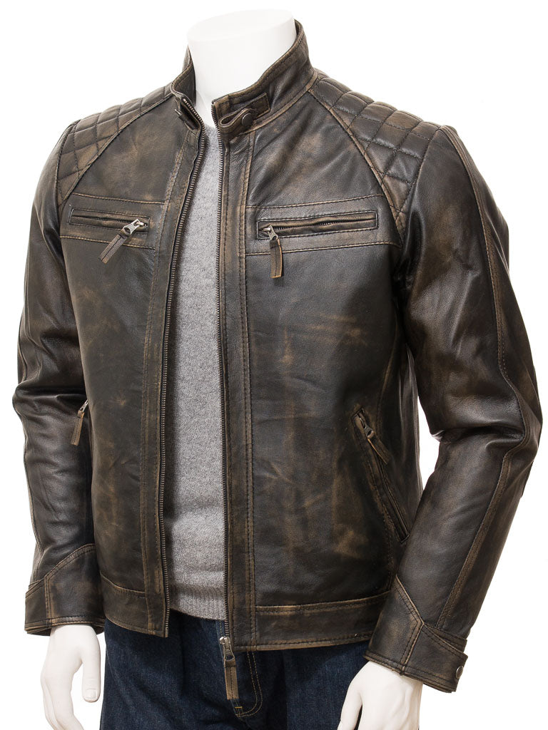 Men's Distressed Black Leather Motorcycle Jacket MG05