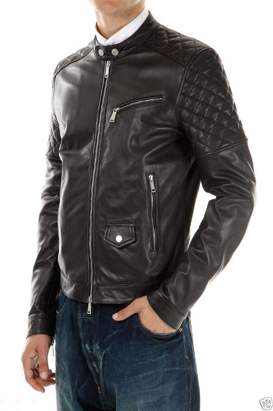 Men's Quilted Genuine Leather Motorcycle Jacket MJ021