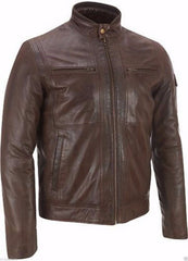 Men's Brown Leather Jacket with Modern Zipper MJ022