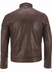 Men's Brown Leather Jacket with Modern Zipper MJ022