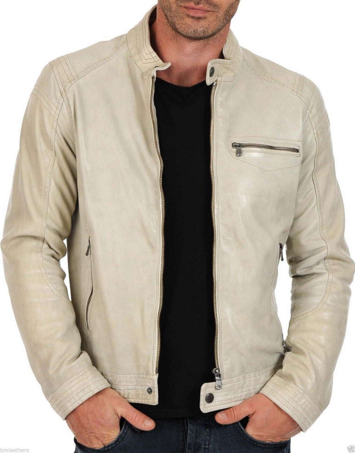 Men's Off White Genuine Leather Jacket MJ027