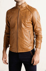 Men's Tan Leather Buckled Collar Accents Jacket MJ023