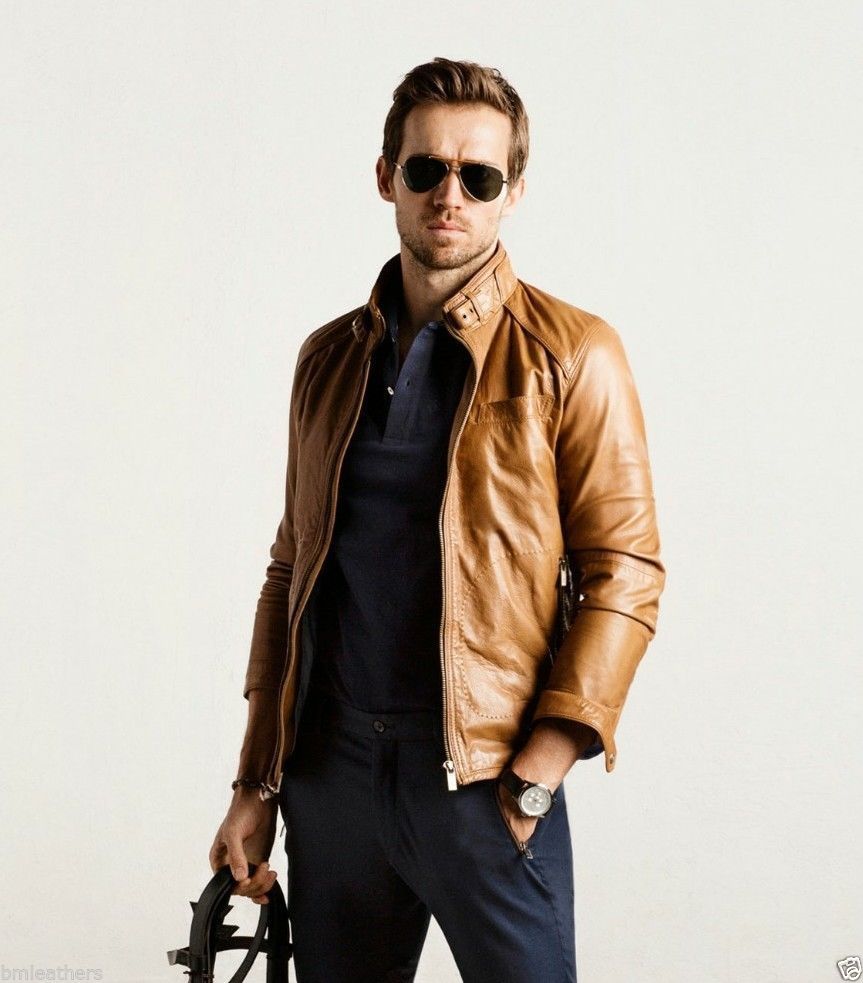 Men's Tan Leather Buckled Collar Accents Jacket MJ023