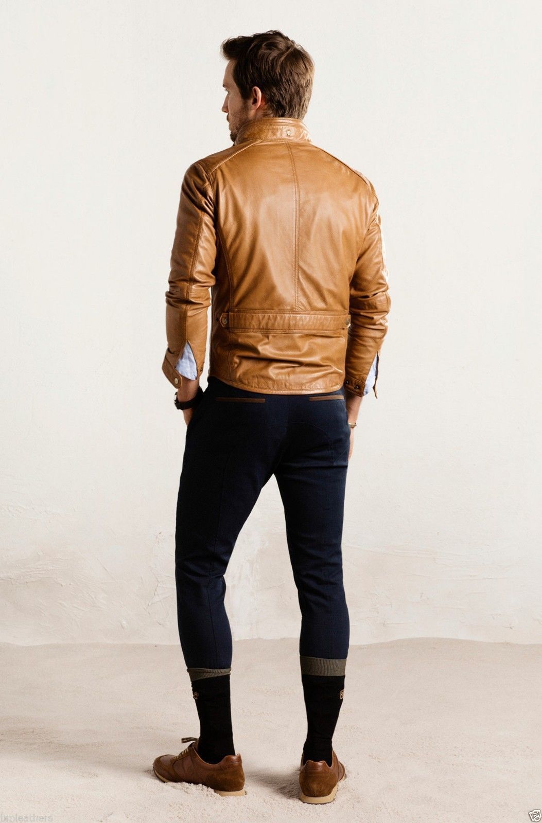 Men's Tan Leather Buckled Collar Accents Jacket MJ023