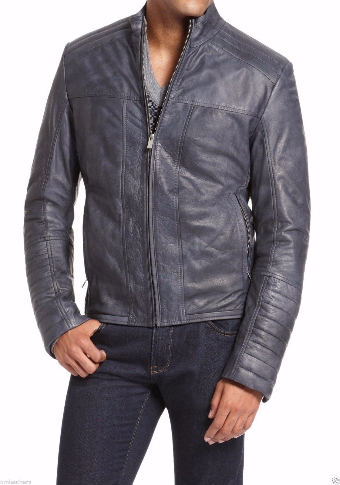 Men's Sleek Zipper Accents Gray Leather Jacket MJ024