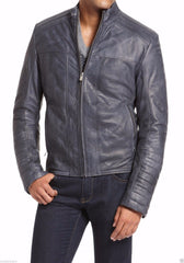 Men's Sleek Zipper Accents Gray Leather Jacket MJ024