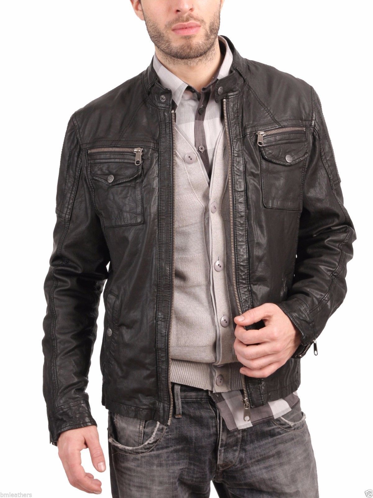 Men's Genuine Leather with Snap Collar Jacket MJ025