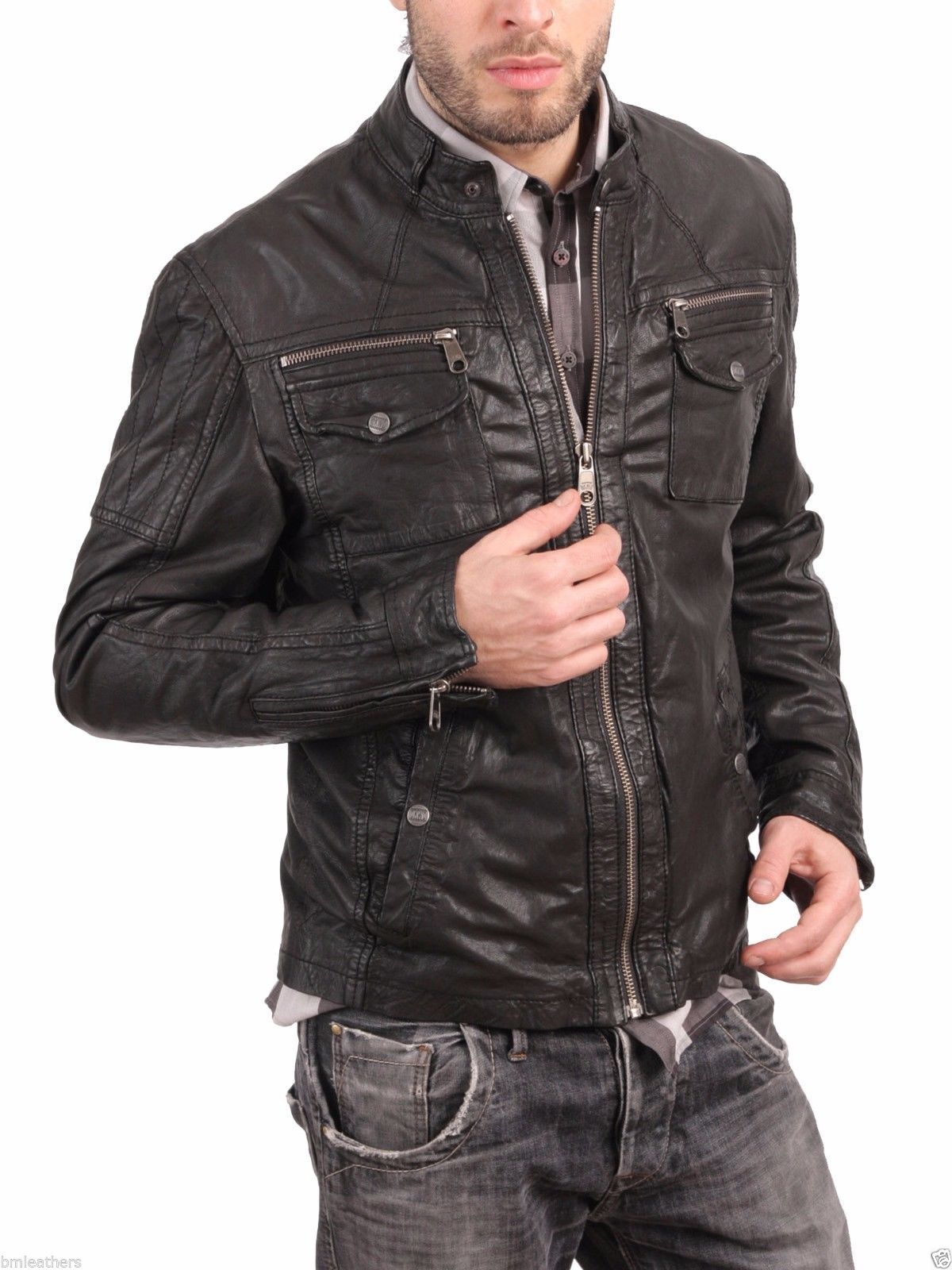 Men's Genuine Leather with Snap Collar Jacket MJ025