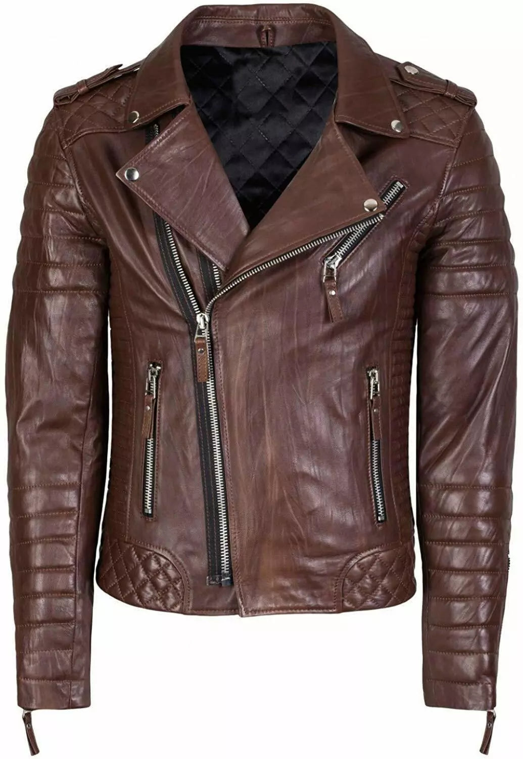 Men's Slim Fit Quilted Leather Motorcycle Jacket MJ050