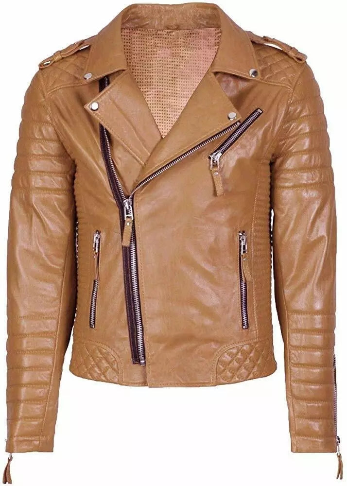 Men's Slim Fit Quilted Leather Motorcycle Jacket MJ050