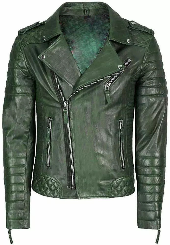 Men's Slim Fit Quilted Leather Motorcycle Jacket MJ050