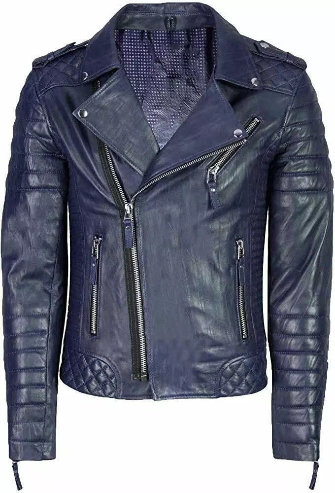 Men's Slim Fit Quilted Leather Motorcycle Jacket MJ050