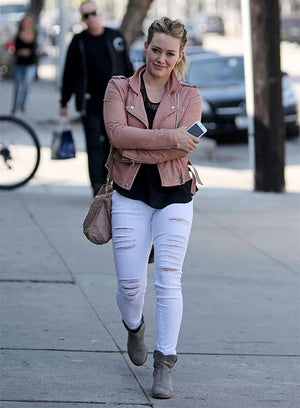 Hilary Duff Inspired Baby Pink Leather Jacket