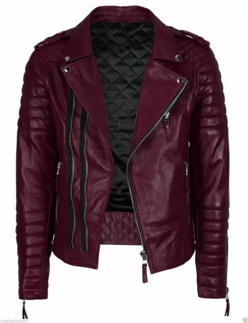 Men's Slim Fit Quilted Leather Motorcycle Jacket MJ050