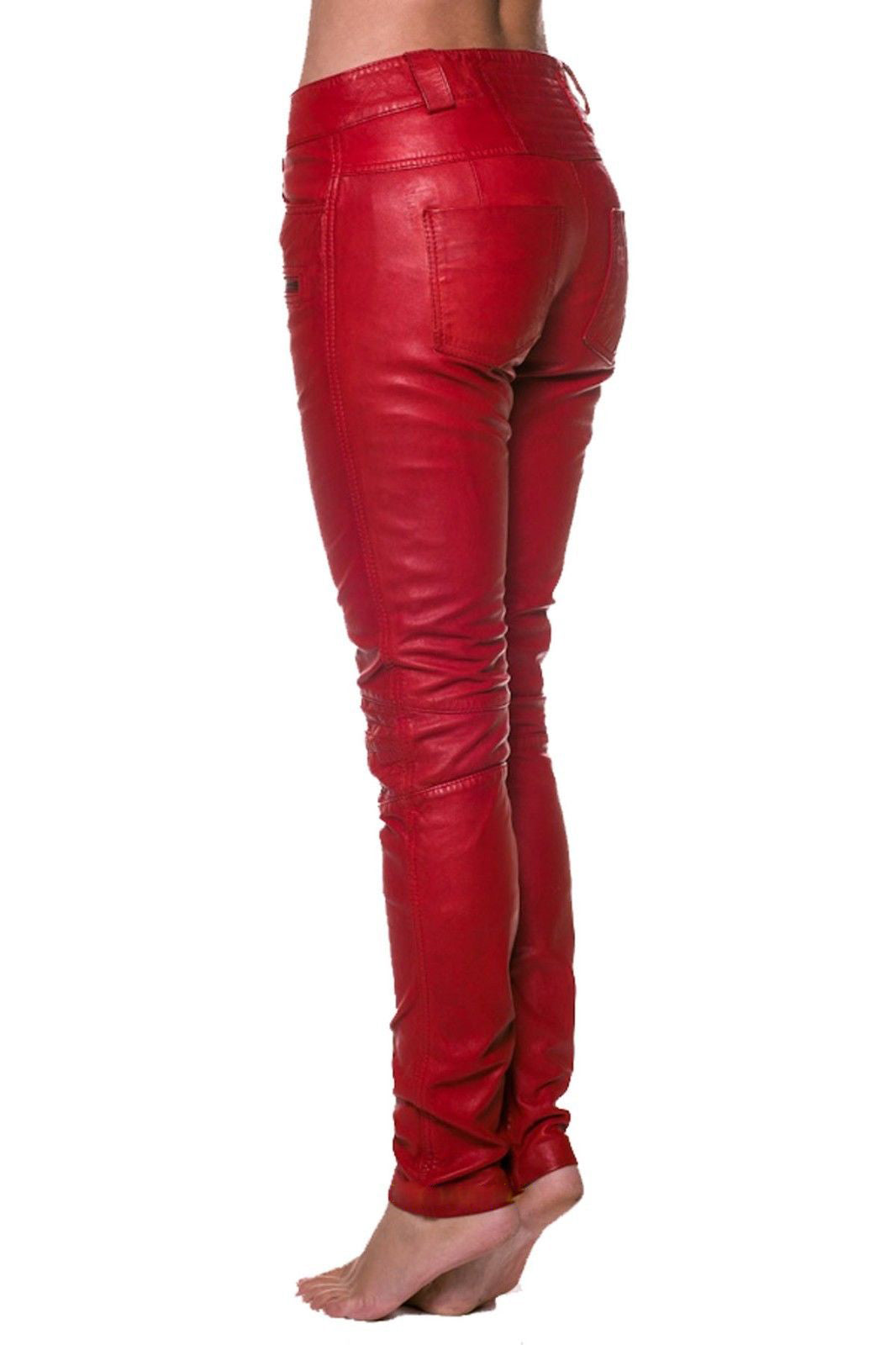 Women's Red Slim Fit Leather Zipper Pants WP11